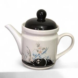 Vintage Black White Blue Pink Floral Ceramic Lid Teapot Taiwan Made